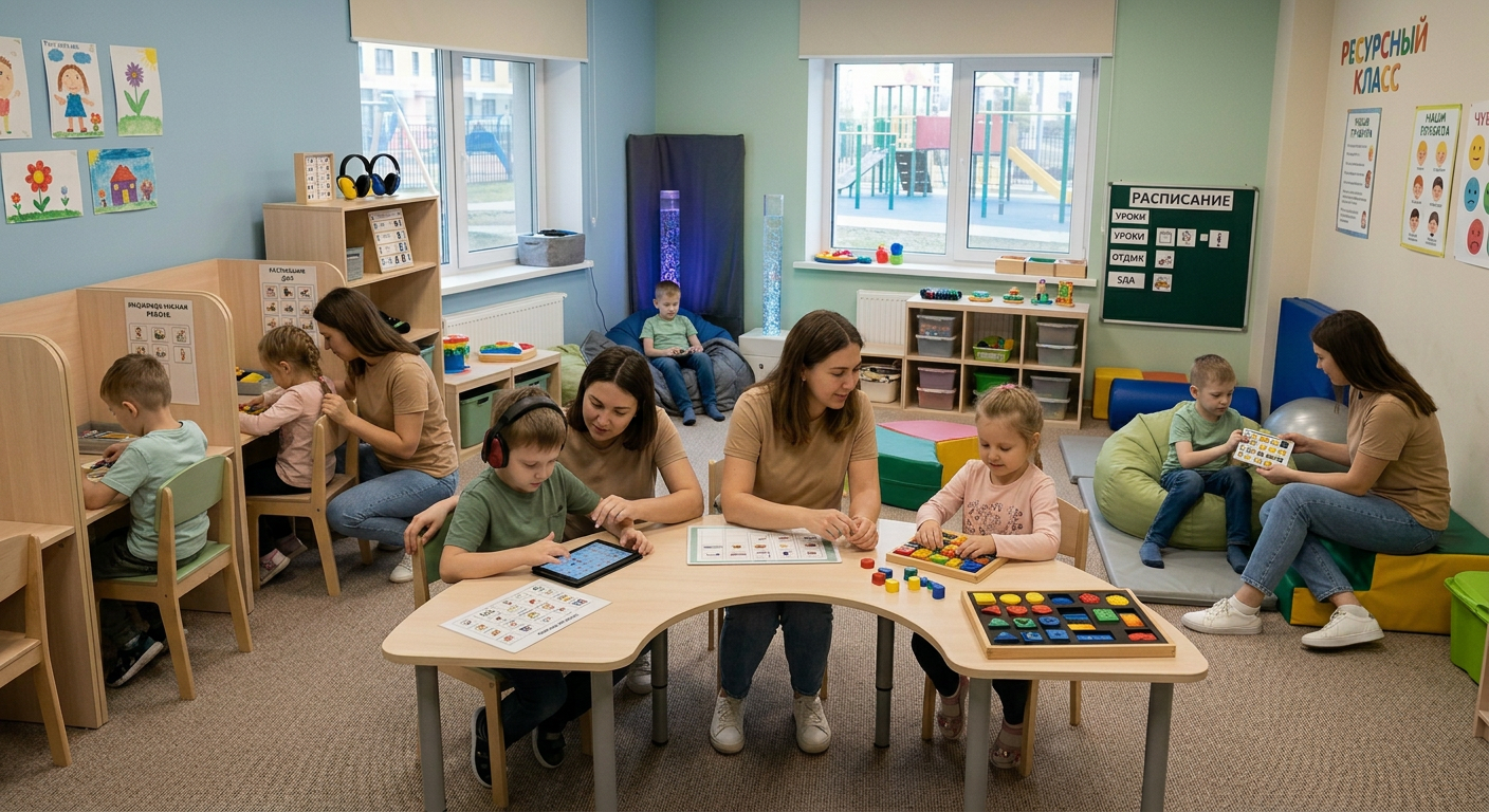 Interactive learning in therapy classroom Teacher seated with two children playing and learning with educational tools in a therapy classroom
